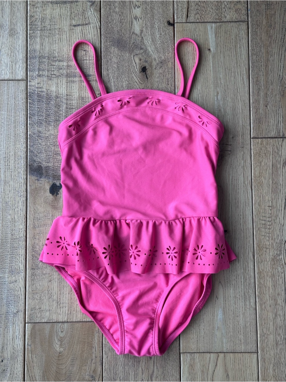 Cat & Jack Pink One Piece Floral Cut Out Ruffle Swimsuit size Medium 7/8